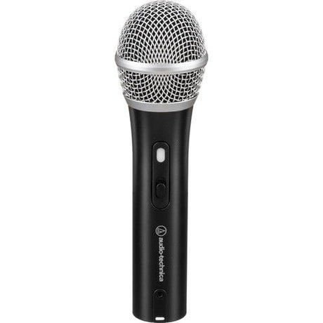 Microphone handle front with controls panel and silver mesh grille