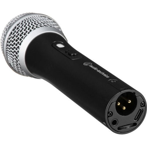 Microphone rear view with XLR connector and USB port, dark black body