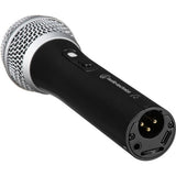 Microphone rear view with XLR connector and USB port, dark black body