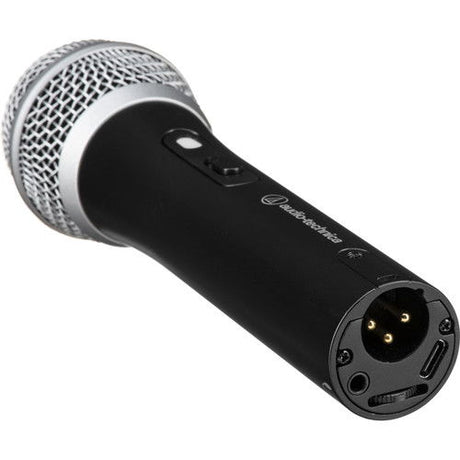 Microphone rear view with XLR connector and USB port, dark black body