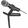 Dynamic cardioid microphone with shock mount stand, dark body and silver mesh head