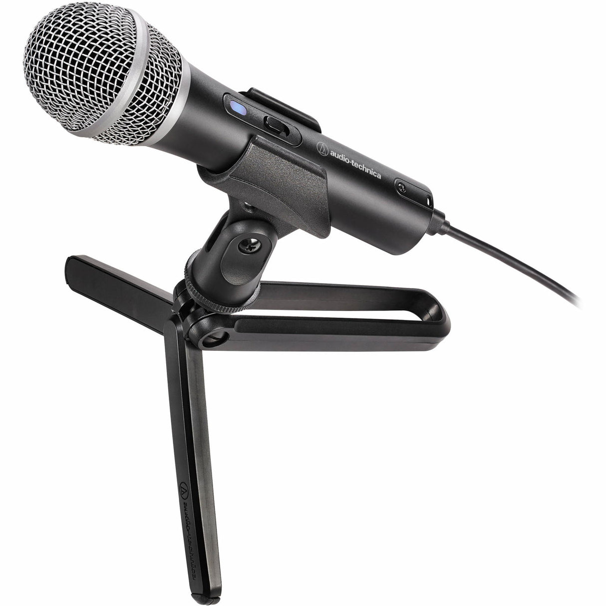 Dynamic cardioid microphone with shock mount stand, dark body and silver mesh head