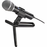 Dynamic cardioid microphone with shock mount stand, dark body and silver mesh head