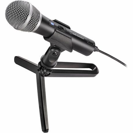 Dynamic cardioid microphone with shock mount stand, dark body and silver mesh head