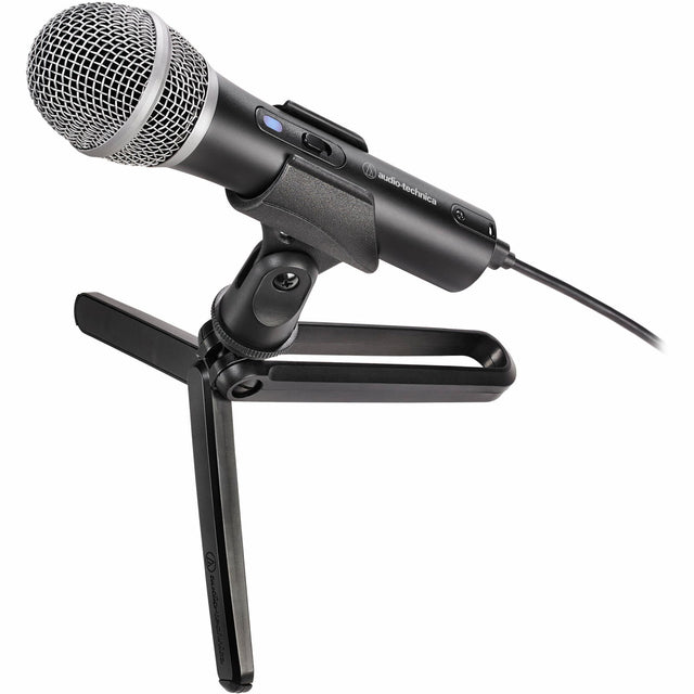 Dynamic cardioid microphone with shock mount stand, dark body and silver mesh head