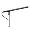 Professional shotgun microphone with mount, black body and grille on a stand