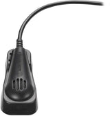 Black USB microphone cradle with cable, close-up from rear