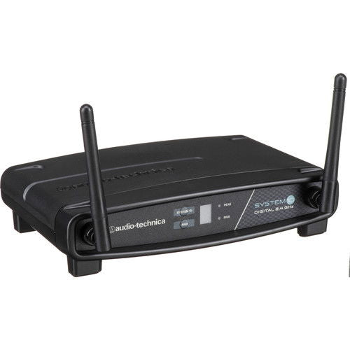 Wireless microphone receiver base with controls and two antennas, black