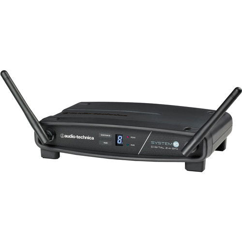 Wireless microphone receiver base from side with two antennas, black casing