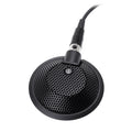 Omnidirectional conference microphone with circular mesh grille and attached cable