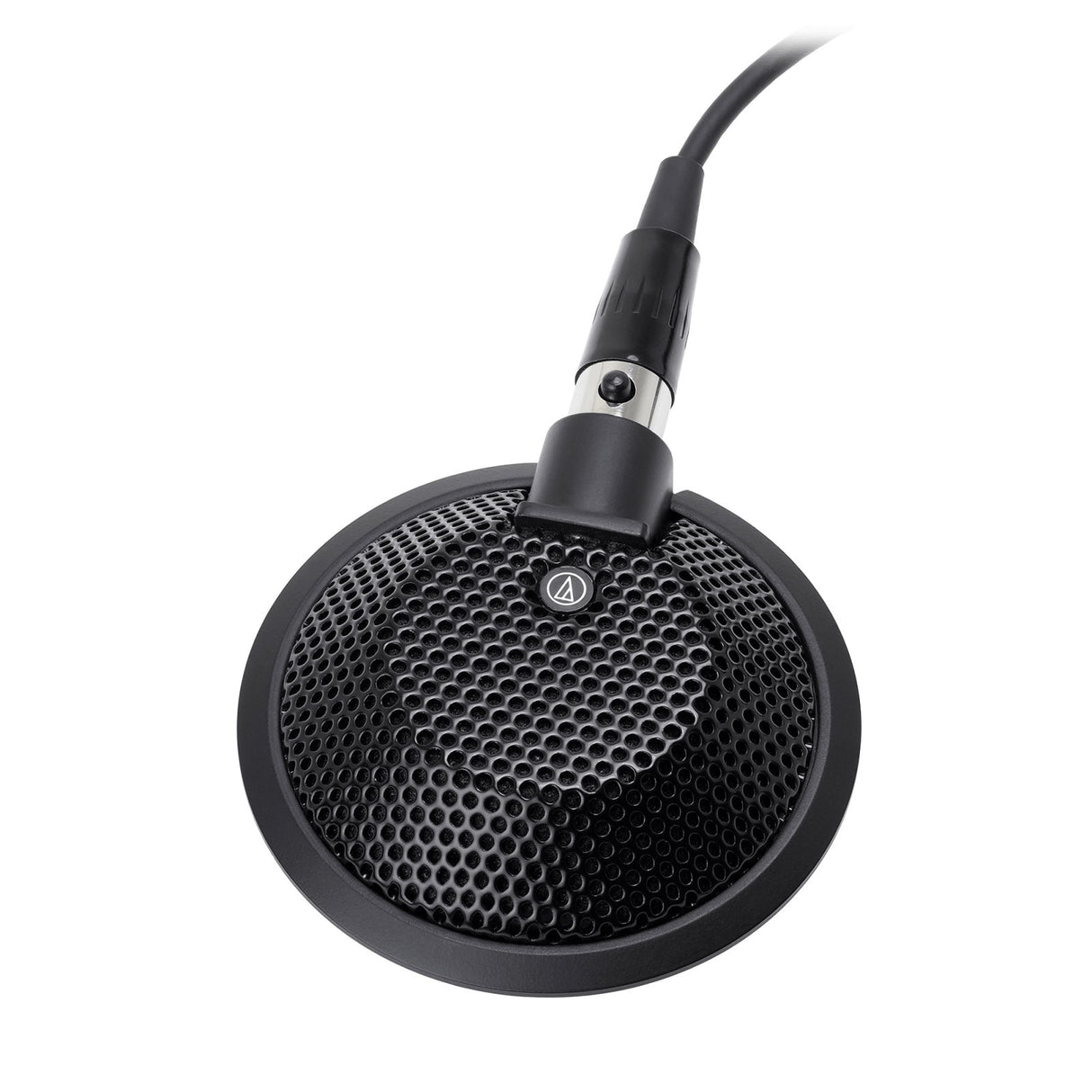Omnidirectional conference microphone with circular mesh grille and attached cable