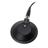 Omnidirectional conference microphone with circular mesh grille and attached cable