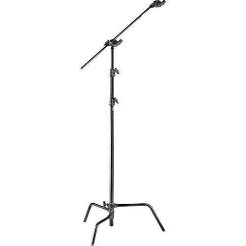 300cm C-stand with boom arm and base legs, black stand with blue tip accents
