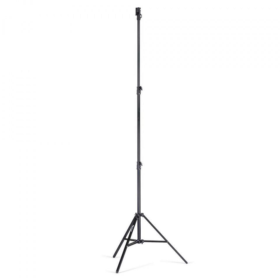Black double-riser light stand with tripod base, side view