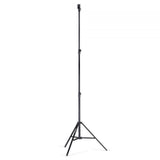 Black double-riser light stand with tripod base, side view