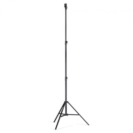 Black double-riser light stand with tripod base, side view