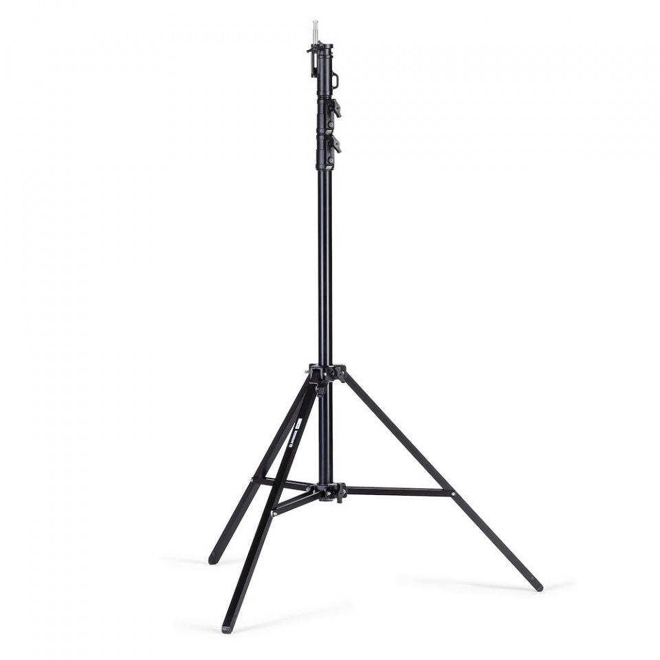 Black double riser light stand on tripod base, extended pole with mounting hardware