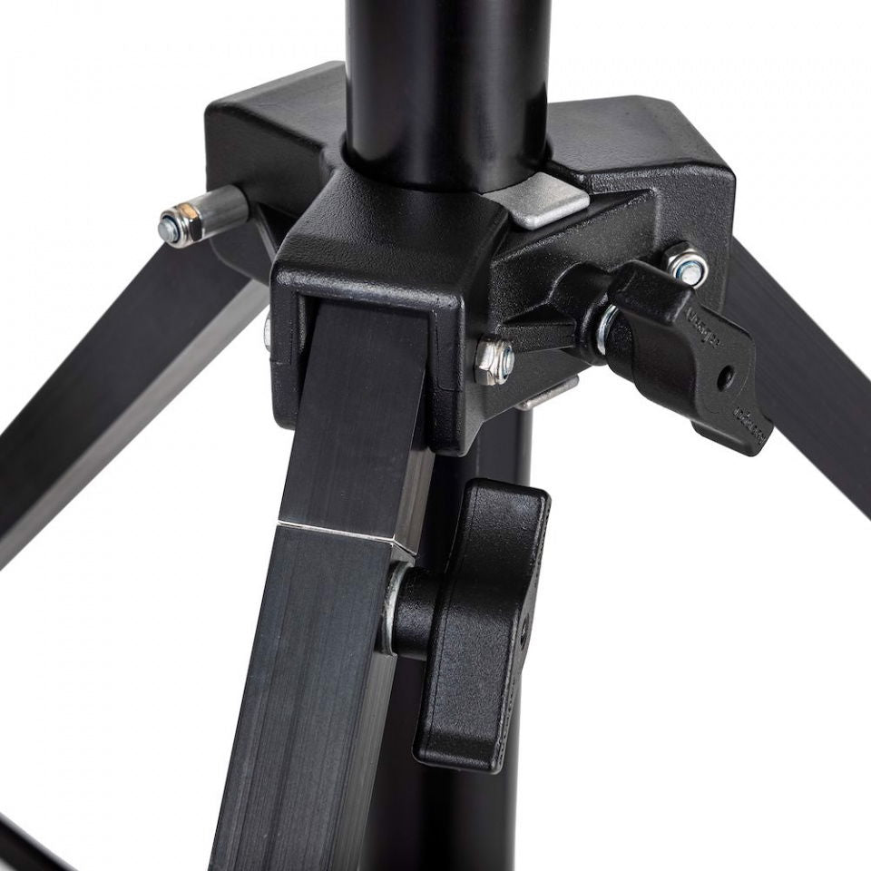 Black double-riser stand bracket with wing knobs and mounting plate, close-up