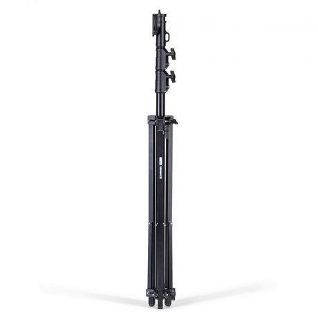 Black light stand with double riser and upper mounting bracket, side view