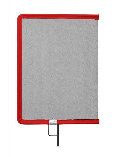 Double scrim fabric flag with red frame and gray screen, black mounting bracket