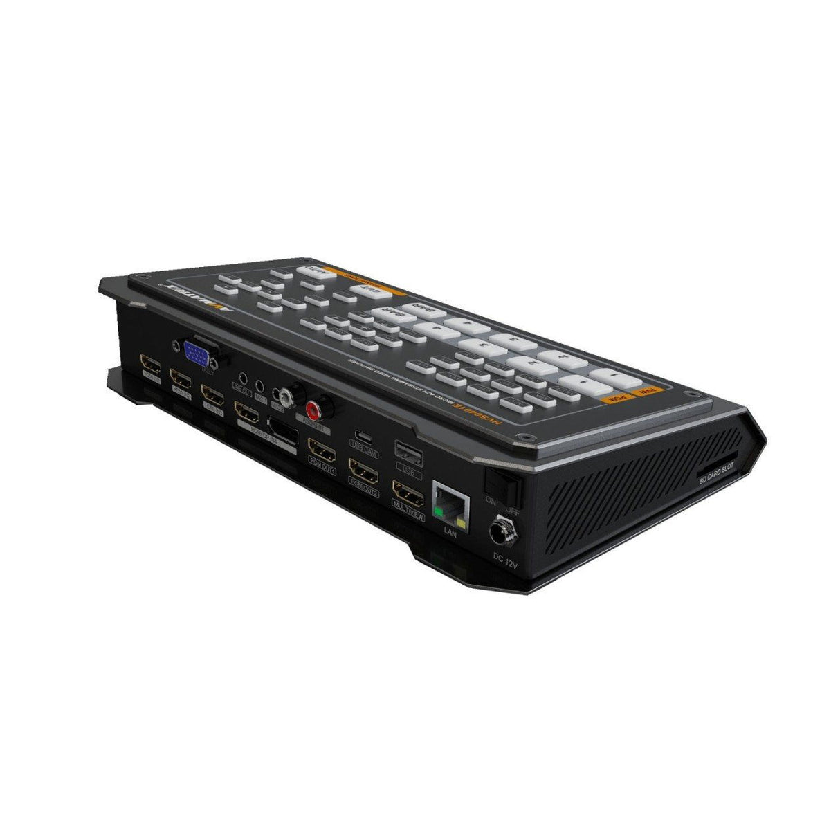 Video switcher rear/side ports with HDMI, audio jacks, and indicator LEDs