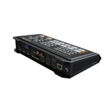 Video switcher rear/side ports with HDMI, audio jacks, and indicator LEDs