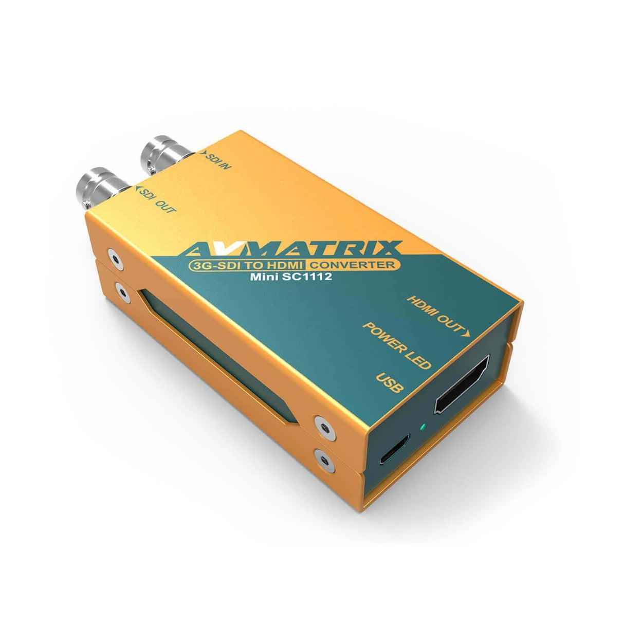Mini 3G-SDI to HDMI converter with SDI IN/OUT BNC ports and HDMI OUT, orange/green