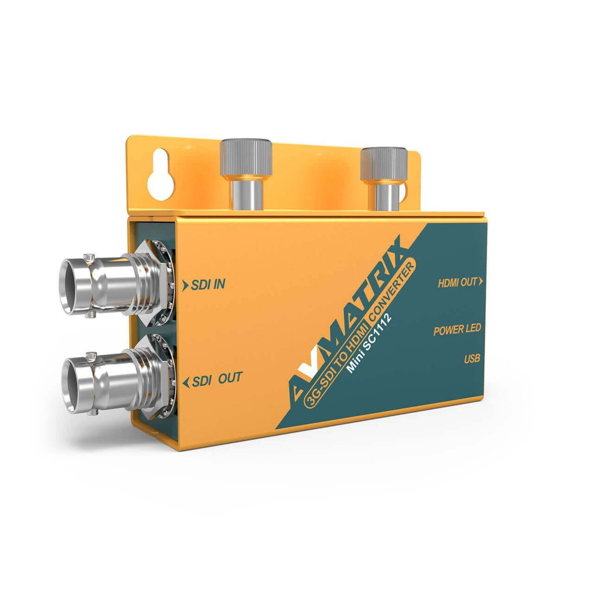Mini 3G-SDI to HDMI converter with two BNC SDI jacks and HDMI port, orange/green