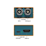Converter rear panel showing SDI in/out, USB power, HDMI out, and green lock status LED