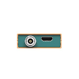 UC2018 capture card rear ports: audio jack and HDMI connector on a compact orange body
