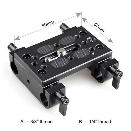 Placă bază neagră cu filete 3/8" și 1/4", cleme duale pentru tije 15 mm