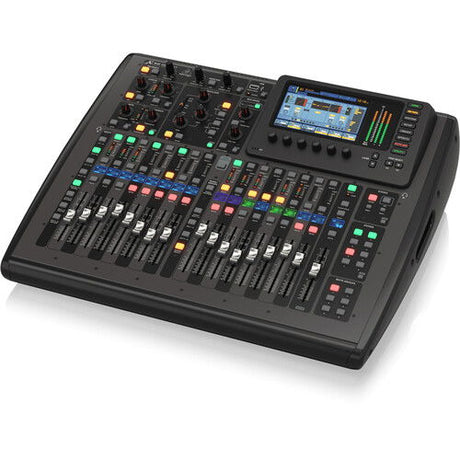 Compact digital mixer angled view with touchscreen, knobs, and rows of channel faders
