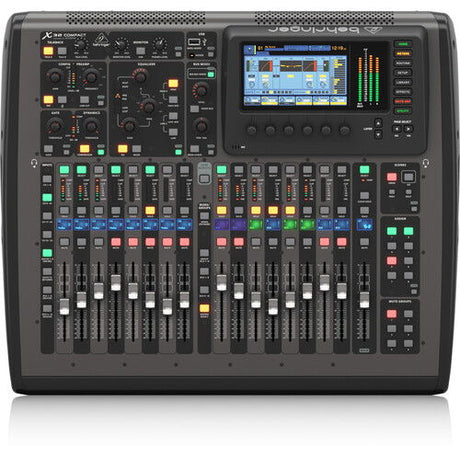 Digital audio mixer front panel with touchscreen, channel faders, and multicolor button bank