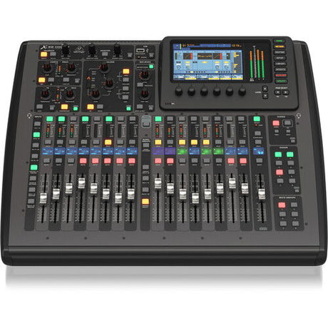 Front view of compact digital mixer with faders, backlit buttons, and screen interface