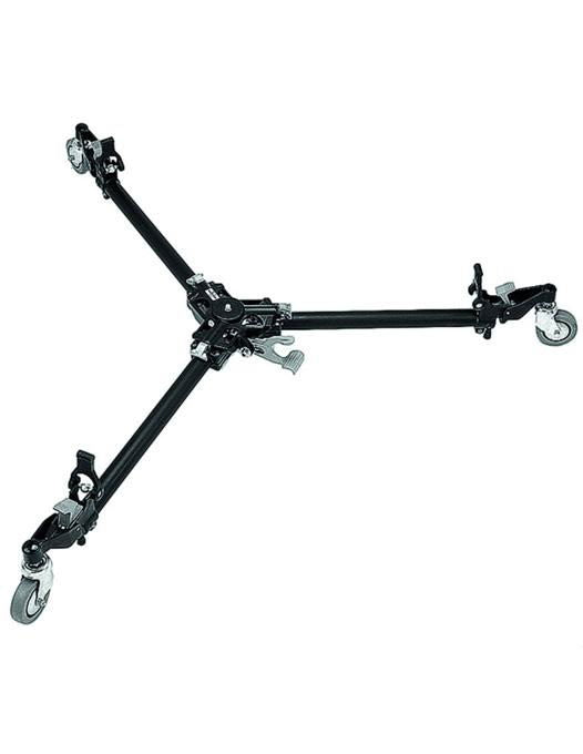 Foldable camera dolly with black metal frame and four caster wheels