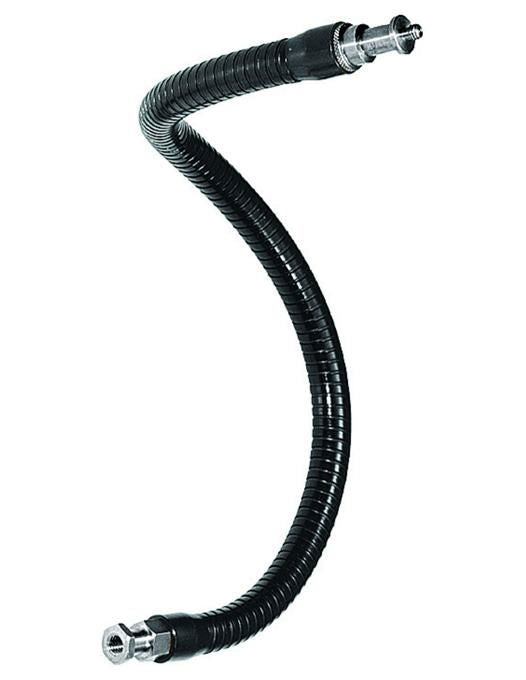 Black corrugated flexible mounting hose with silver threaded connector at one end