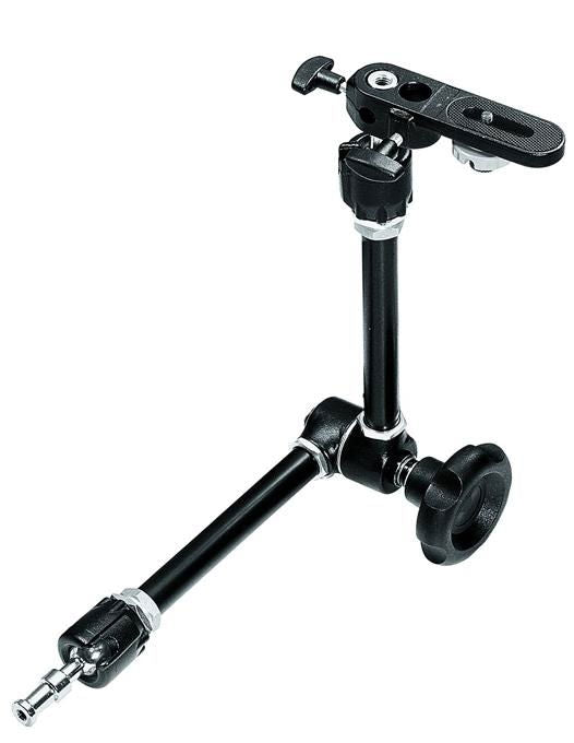 Articulating camera support arm with adjustable joints and mounting plate, black