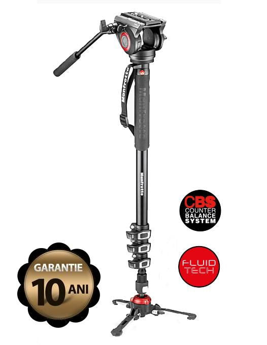 Manfrotto monopied video cu cap fluid, bază pliabilă și detalii roșii