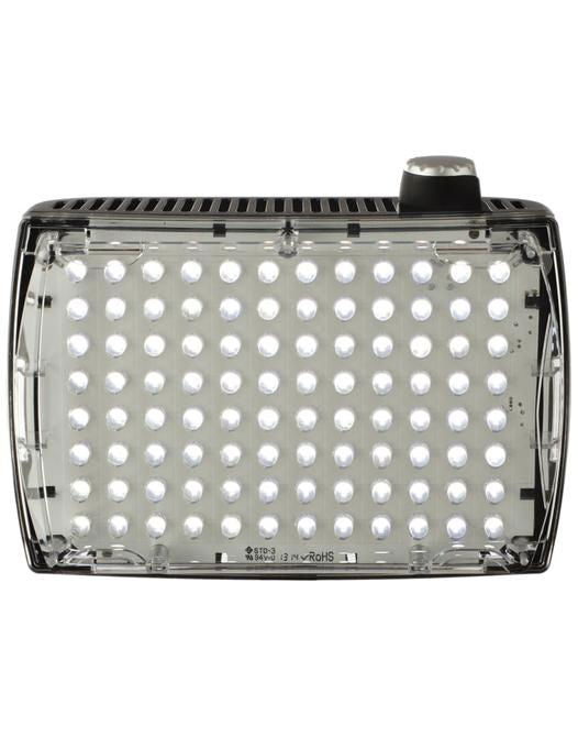 Lampa video LED cu grilaj superior și panou transparent cu diode albe.