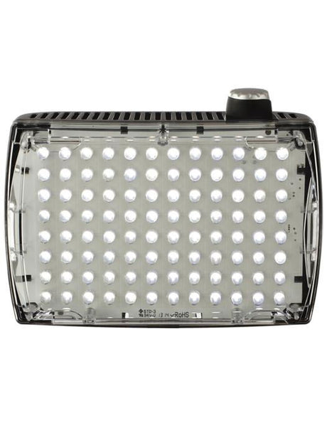 LED video light head-on view with clear housing, top knob, and rows of white LEDs