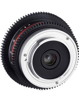 Obiectiv Samyang 7,5 mm, montură argintie cu etichete și inel trepte