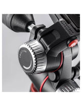 Close view of friction dials and adjustment knobs on the tripod head, black with red ring