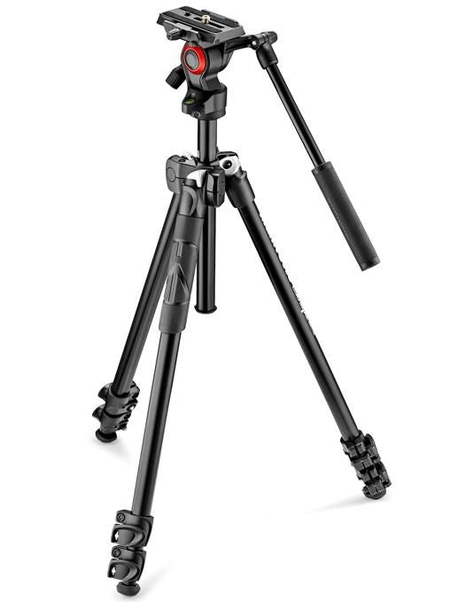Trepied video Manfrotto negru cu cap și mâner de reglaj