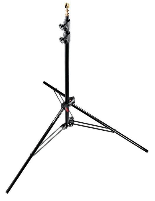 Black tripod with spread legs and center column, showing mounting hardware