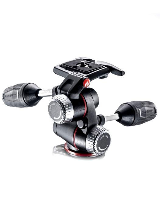 3-way photo tripod head with three adjustable handle grips, black and silver