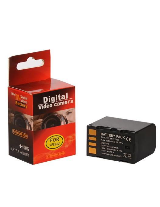 BN-VF823 replacement battery pack for video camera, shown with retail box