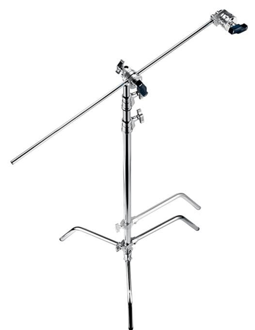 C-stand sliding leg kit with adjustable swivel clamps and three-prong base, chrome metal