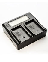 Dual LCD charger base with two battery slots and display window