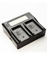 Dual LCD charger with two battery bays and power cable with plugs
