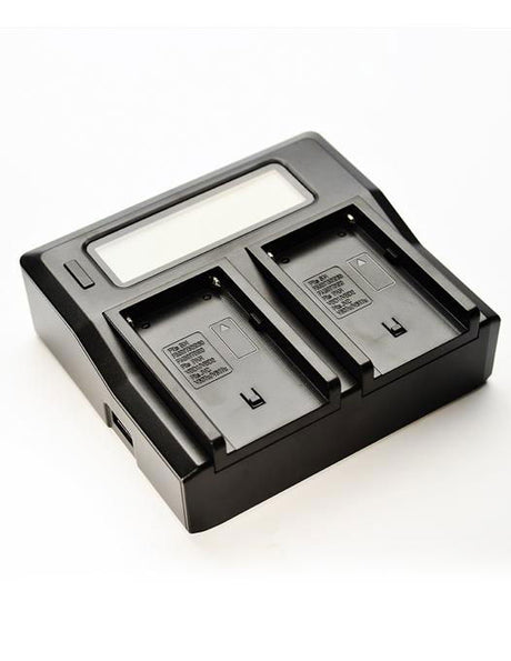 Dual LCD charger with two battery bays and power cable with plugs